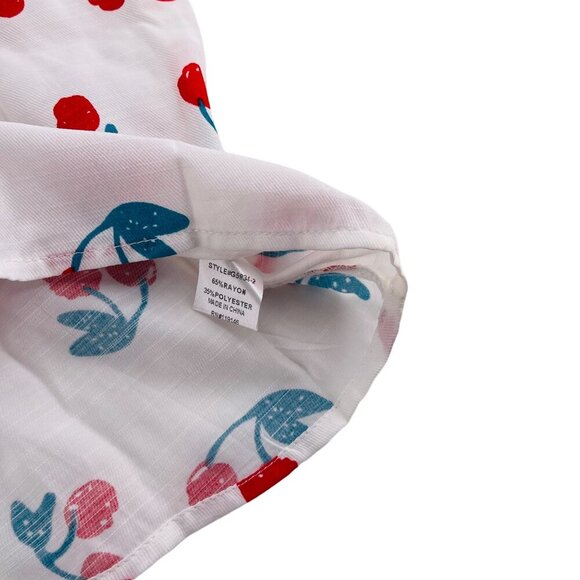 Jodifl Cherry Print Blouse Medium M White Red & Blue Short Sleeve Lightweight Wo - Picture 3 of 6